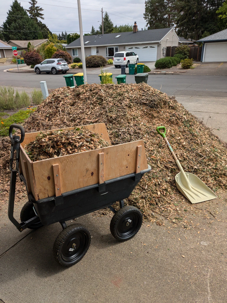 Wood chips next to wheelbarrow